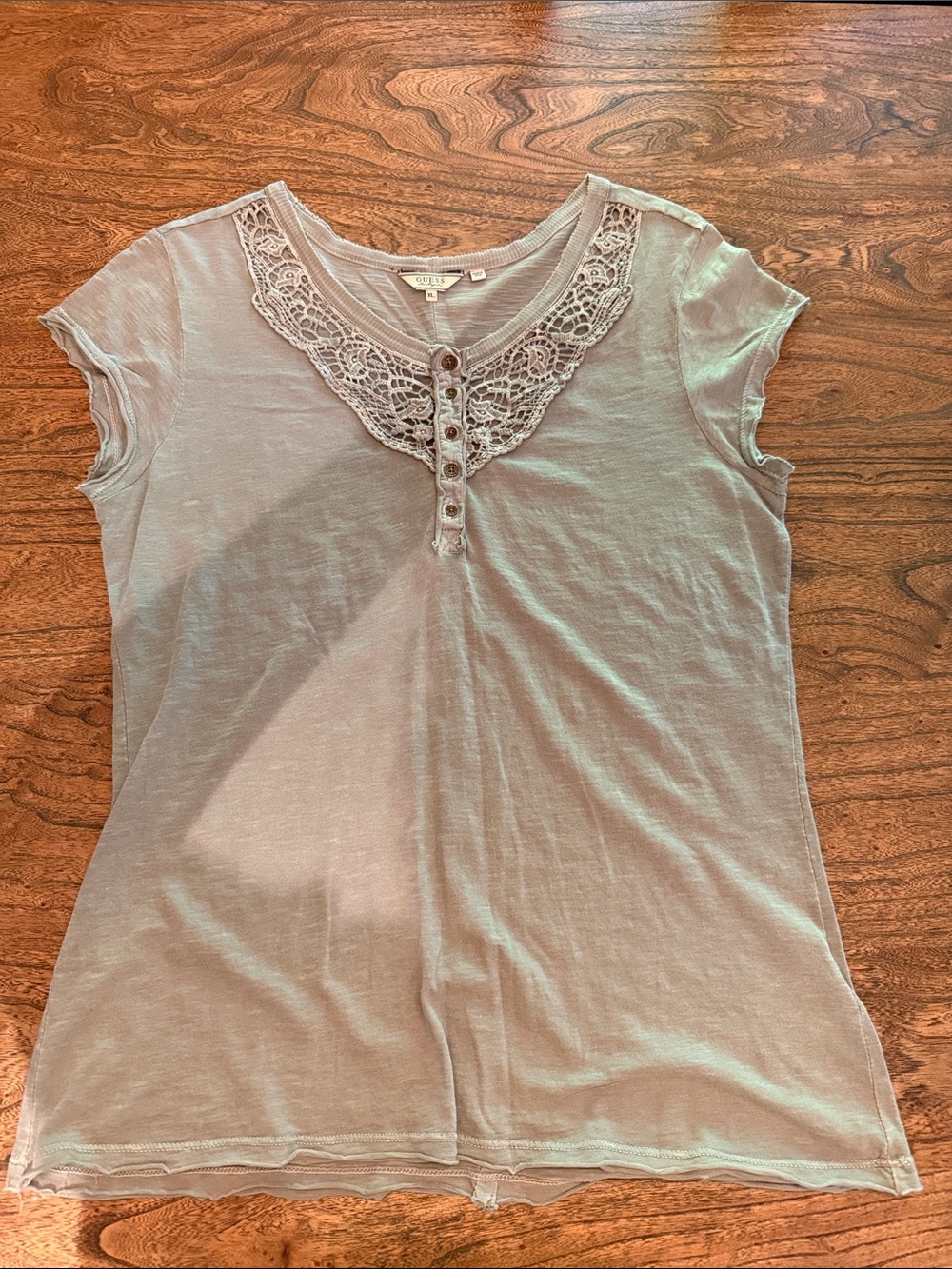 Guess Women's Short Sleeve Tee with Lace Yoke - Light Gray